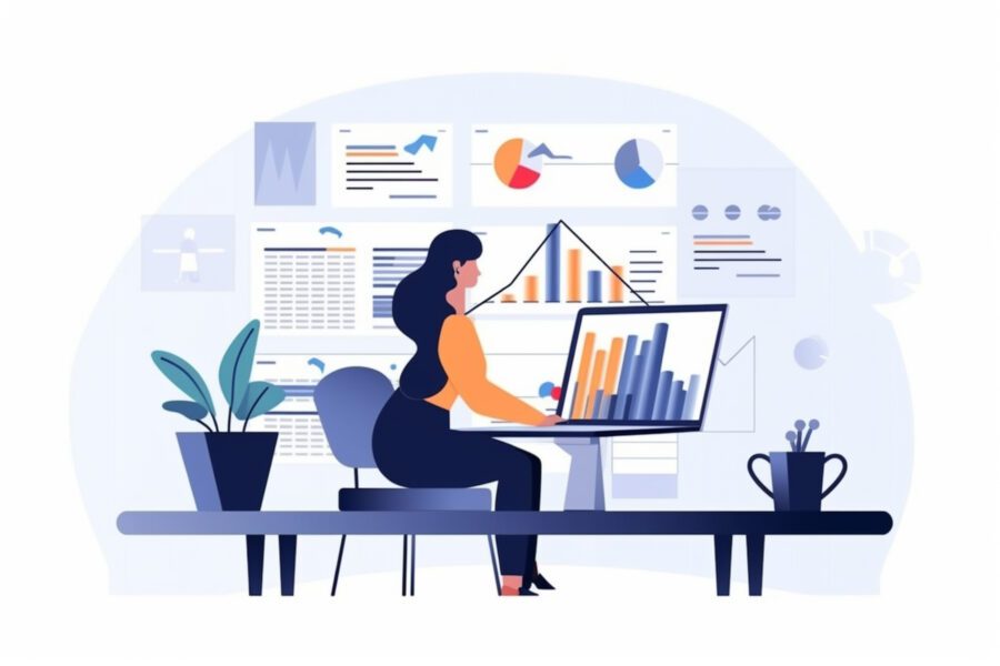 A graphic illustration of a woman looking at bar charts on her computer while sitting in a modern office environment.