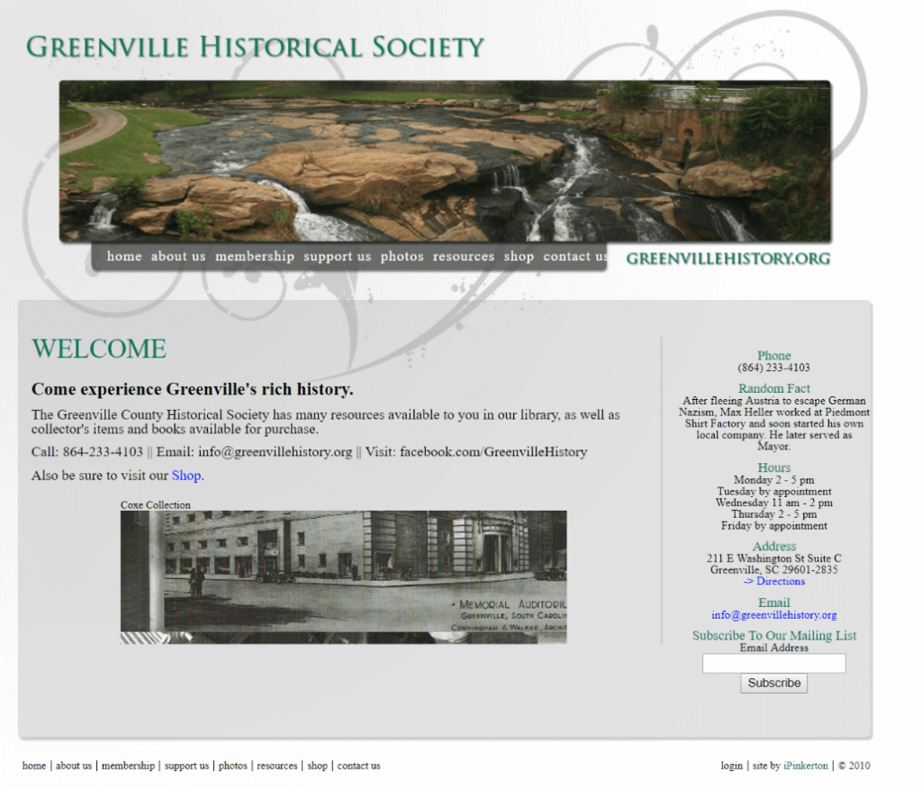 Greenville County Historical Society old website's homepage