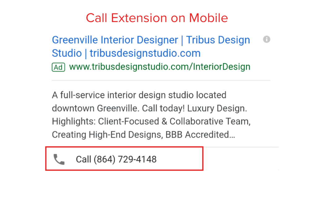 screenshot of a call extension on a mobile google ad