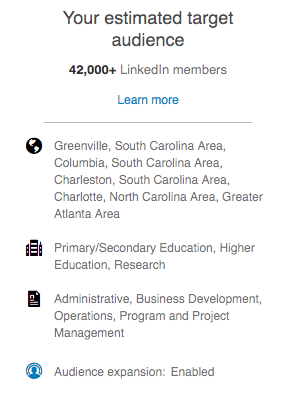 An example of LinkedIn ad targeting focusing on decision makers in education