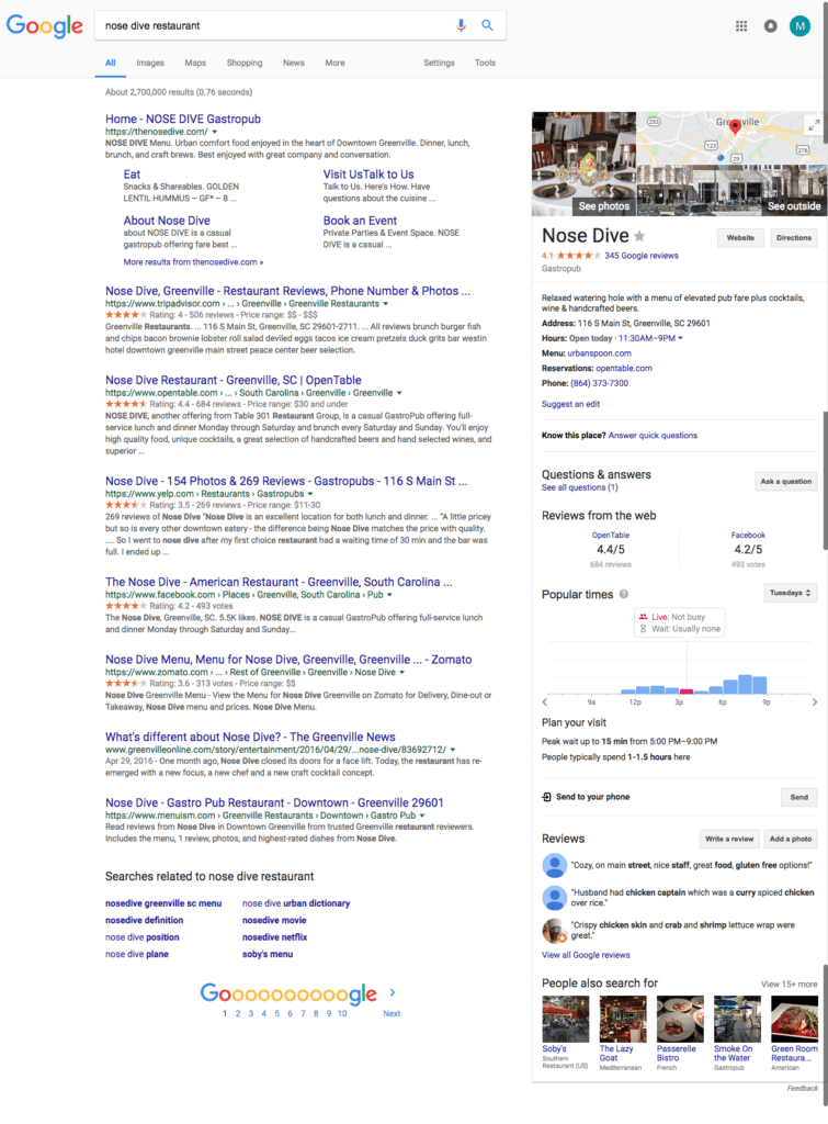 local restaurant search result page