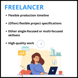 An image with a single worker artwork. The image lists the benefits of working with a freelancer including: flexible production timelines, often flexible project specifications, single-focused or multi-focused skillsets to fit the needs of your project, and high-quality work. 