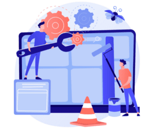 A red and blue graphic representation of website support with people using construction tools to tinker with a website.