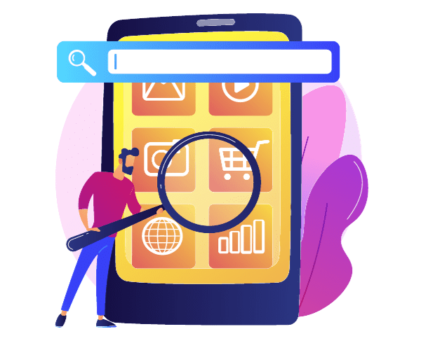 Graphic rendering of a man holding a magnifying glass against a technology screen filled with marketing channel icons. 