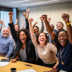 group of men and women with arms raised because of their collective success.